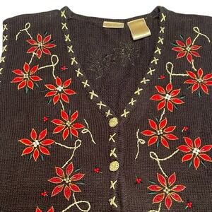 Vintage Bobbie Brooks Womens Large Poinsettia Christmas Sweater Vest Embroidered